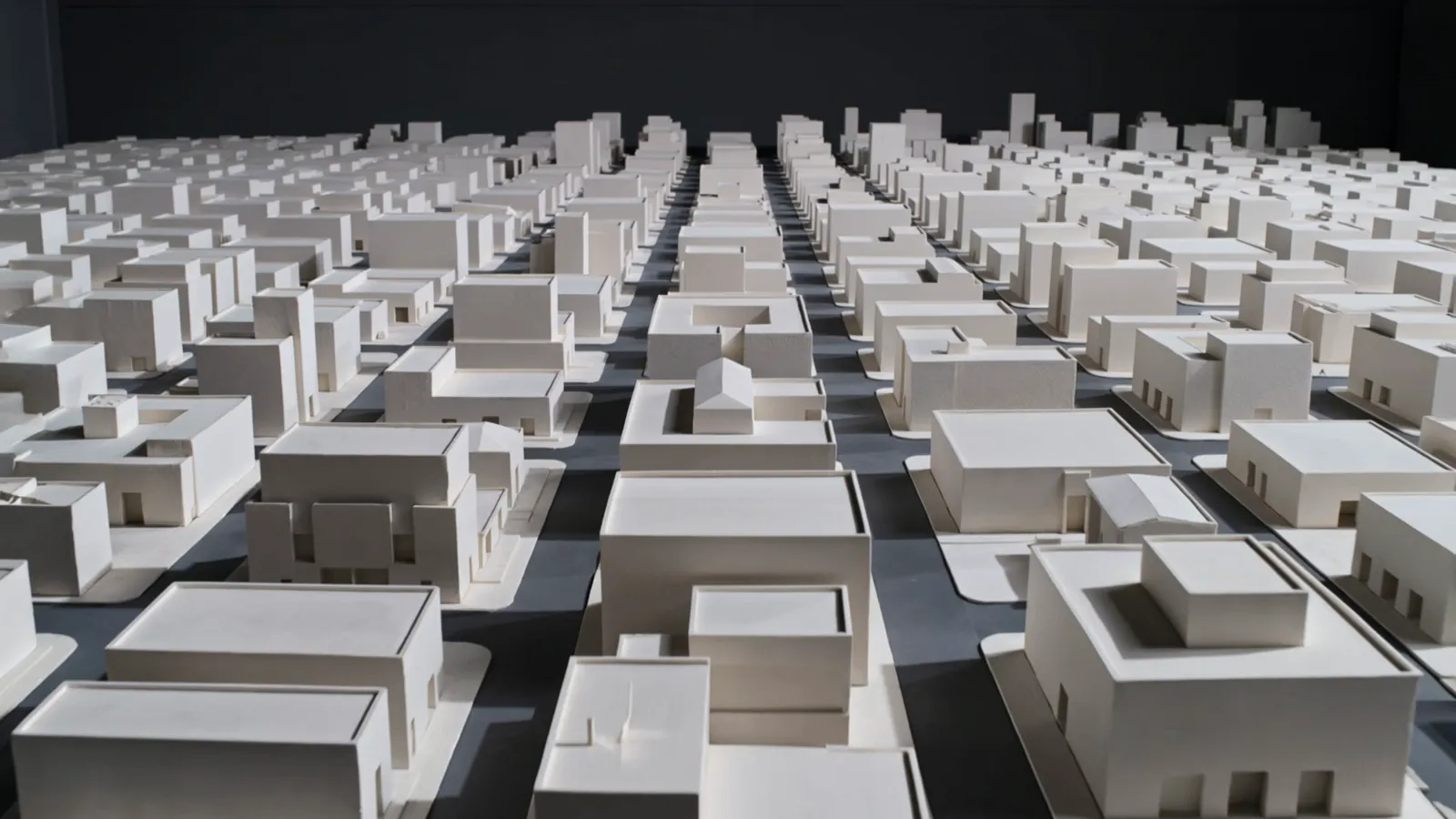 A plaster model city seen from above.